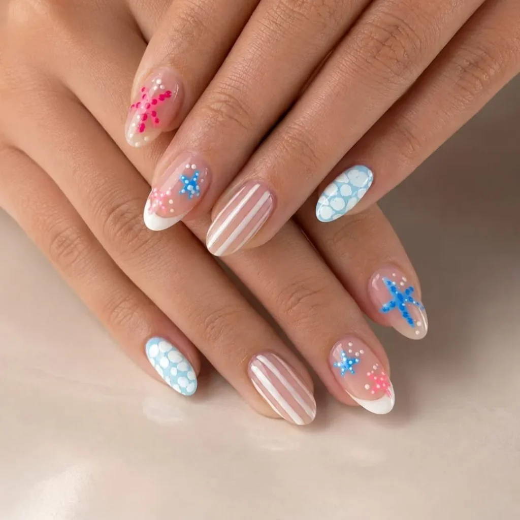 Mavi pembe deniz yıldızı desenli nail art uygulaması