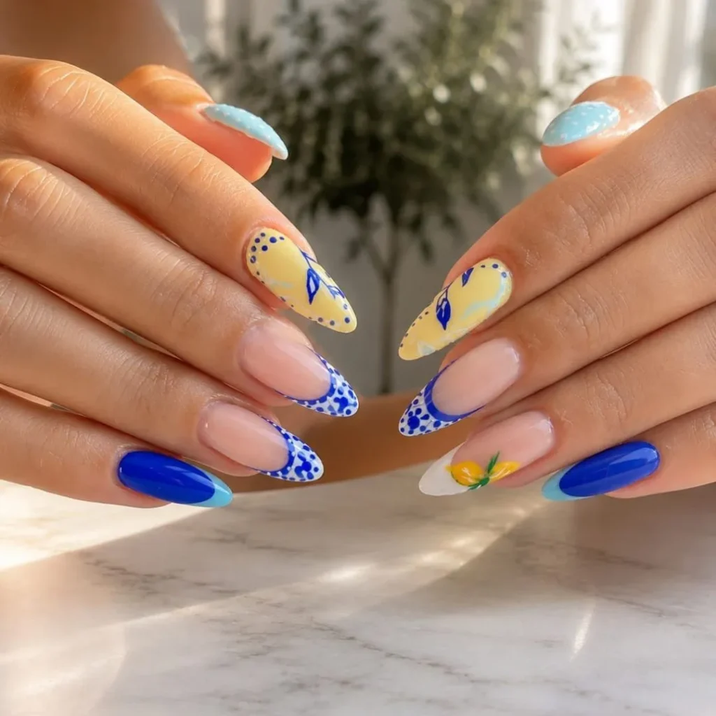 Mavi sarı limon desenli uzun nail art tasarımı Kadıköy